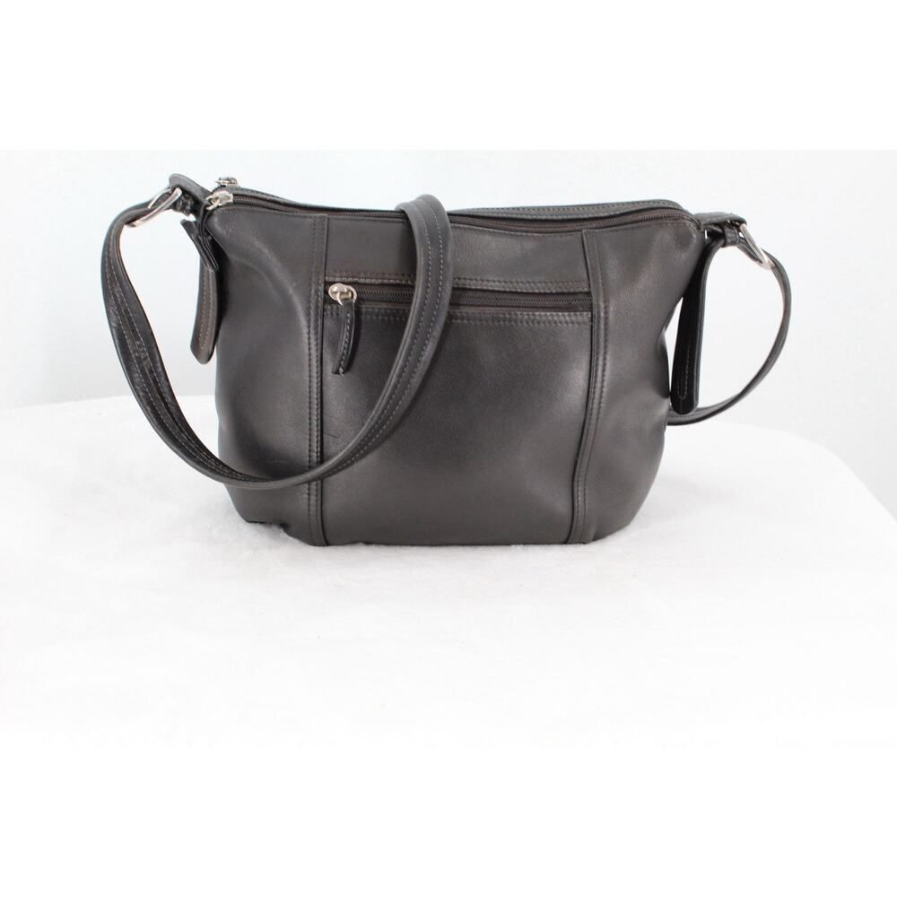 Tignanello Black Leather Shoulder Bag Double Zip Top Crossbody Purse Silver
